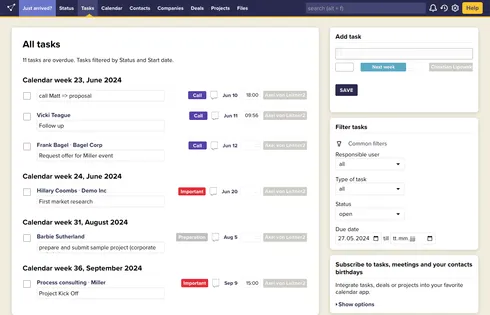 Tasks overview in a CRM