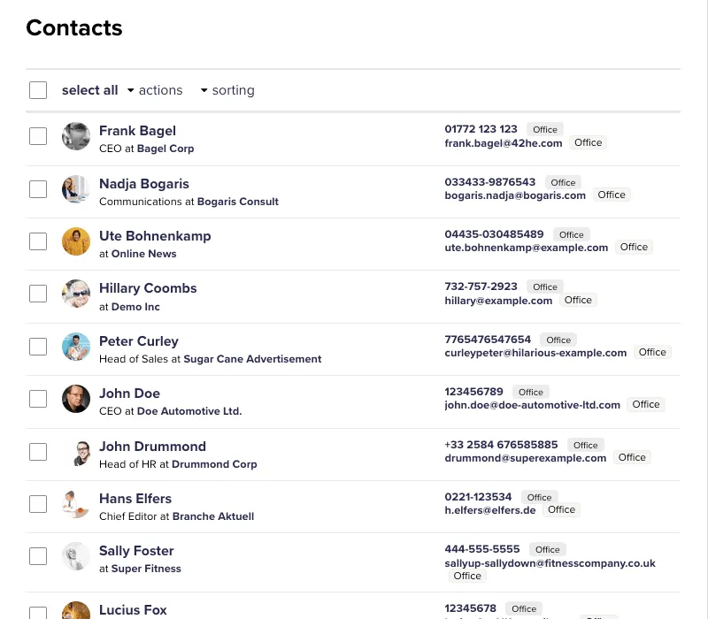 Contact list in a CRM